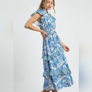Umgee USA Blue Paisley Ruffle Midi Dress Cascading Ruffles Medium